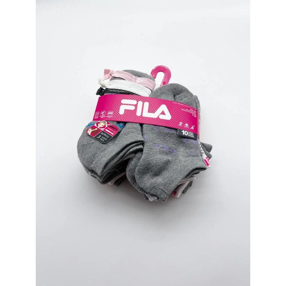 NWT Fila Little Girls Athletic No Show 10 Pairs Of Socks Bonus Hair Ties Sz 7-10
